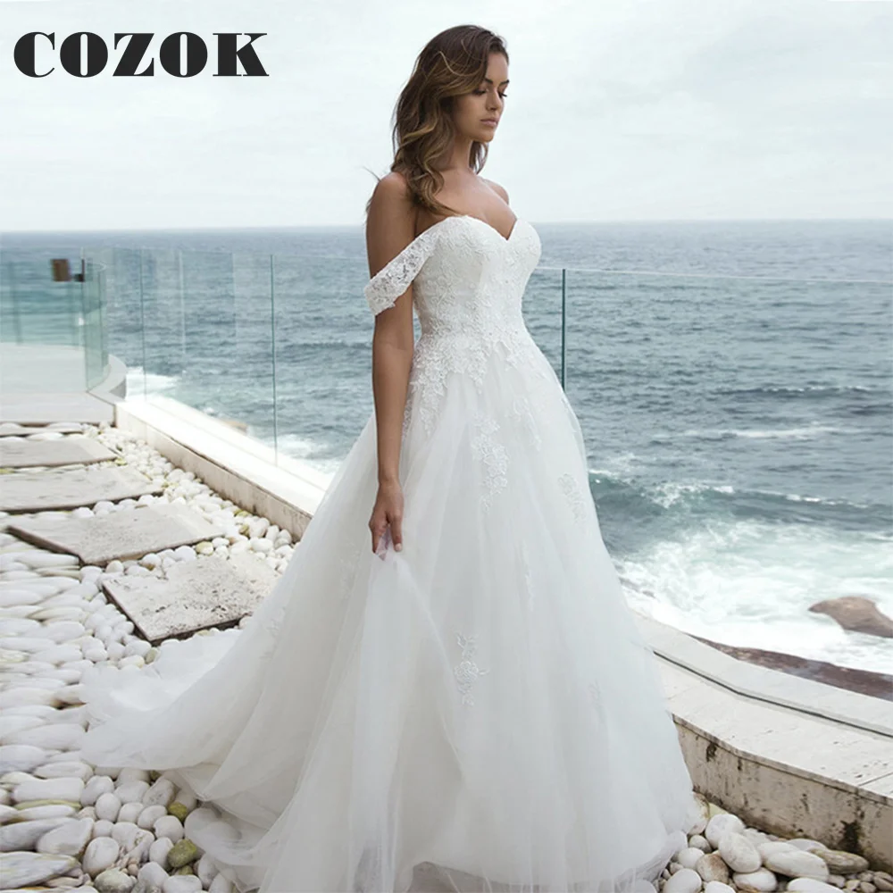 

Boho Beach Lace Applique Wedding Dress Off Shoudler 2023 A-Line Floor-Length Bridal Gown Vestido De Noiva Custom Size DF44