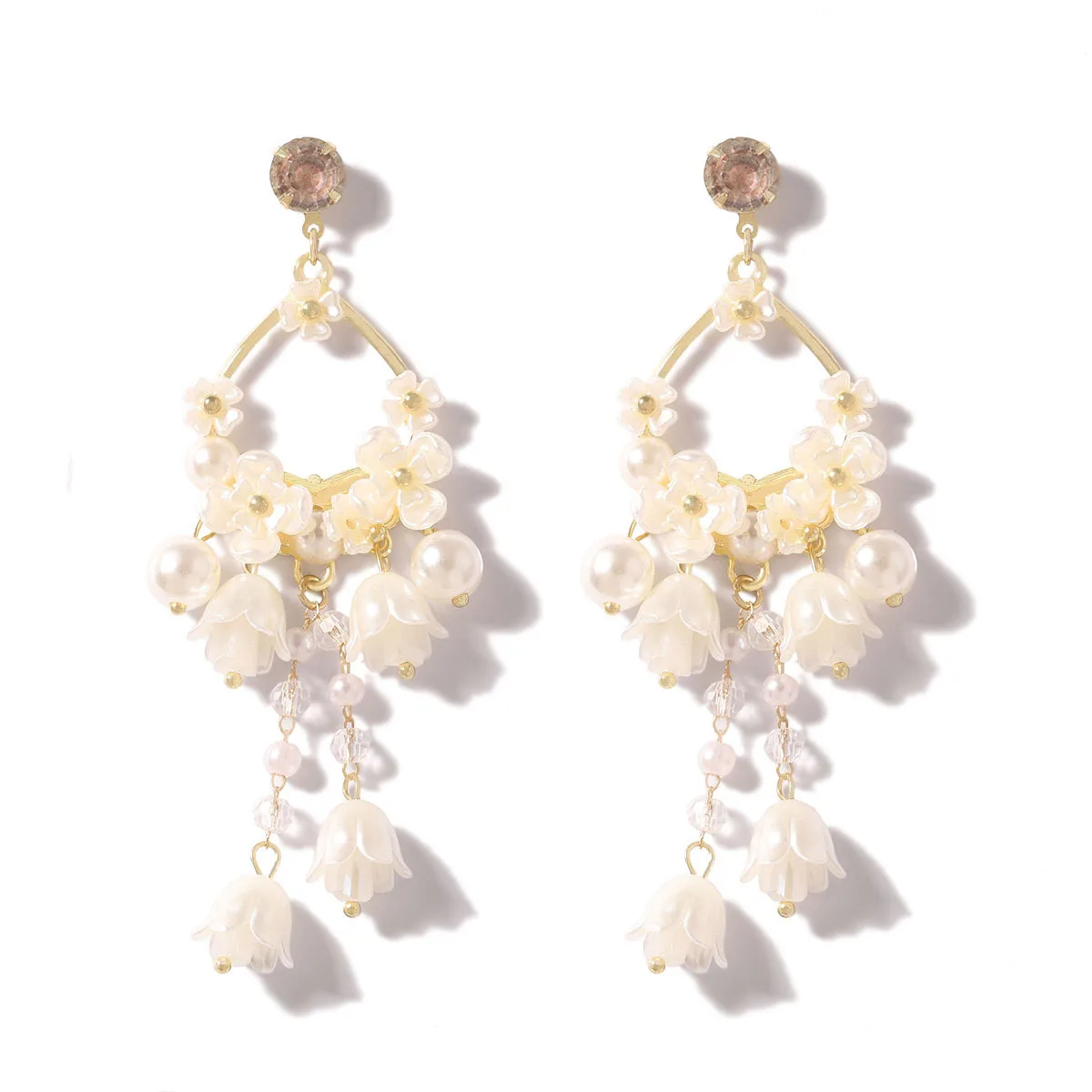 Korean version of vacation style light luxury high-end white noble lily of the valley flower long fringed earrings, fairy prince