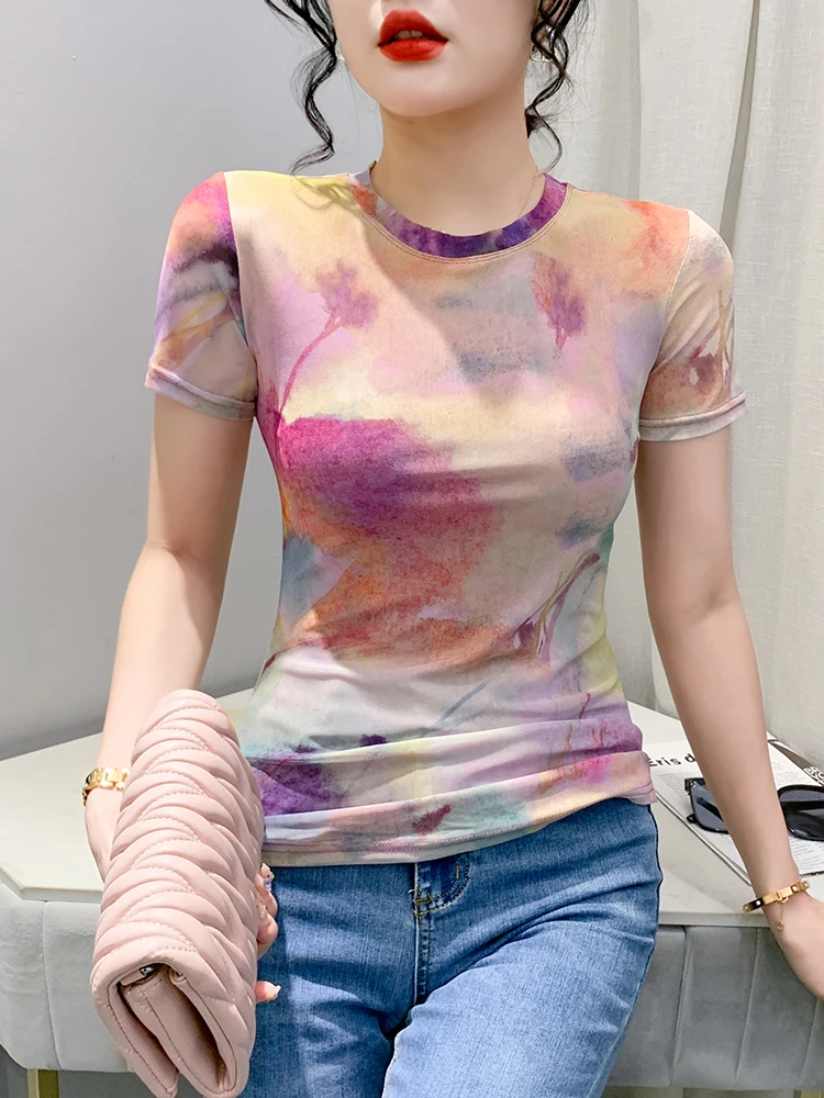 Fashionable Tie-Dye Mesh T-Shirt Women's Short Sleeve Summer round Neck Top Half Sleeve Printed round Neck Shirt Trendy Small...