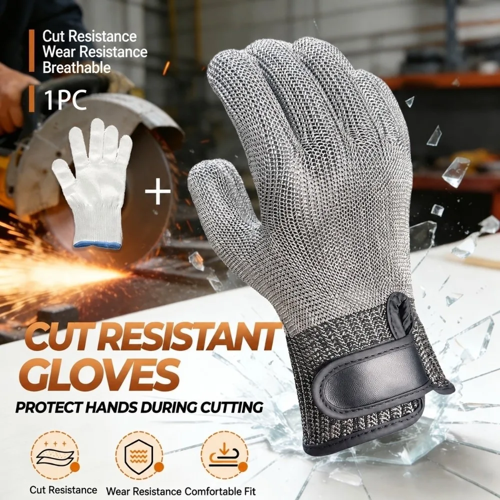 ANSI A9 Cut Resistant Glove Protective Elastic Stainless Steel Mesh Glove Adjustable Strap Metal Safety Work Glove Butcher