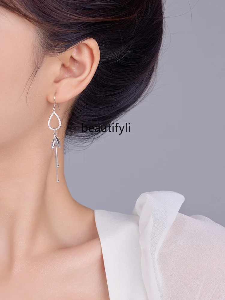 S925 sterling silver earrings long fringed mozzarella diamond ear hook temperament Korean version versatile earrings