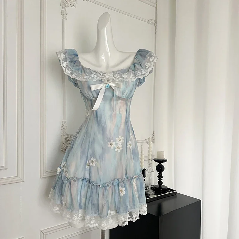 Summer Women Blue A-line Lace Bow Dress Vintage Elegant Sleeveless Kawaii Flower Print Dresses One Piece Frocks 2000s Clothes