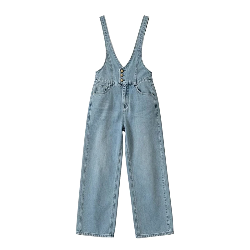 Overalls Denim Strap Pants Women Loose Versatile Button Wide Leg Pants Spring Autumn New Casual Baggy Jeans Jumpsuits