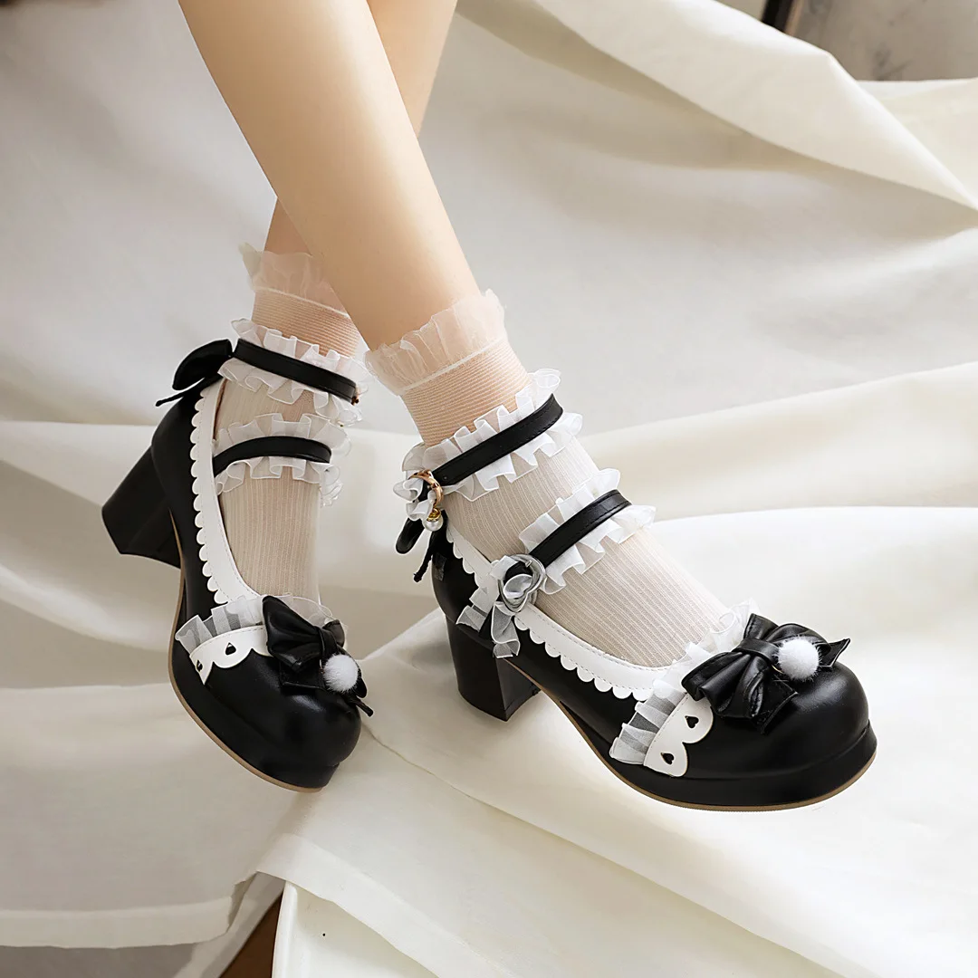 Size 30-43 Girls Shoes Women High Heels Mary Jane Pumps Party Wedding Cosplay White Pink Black Bow Princess Lolita Shoes