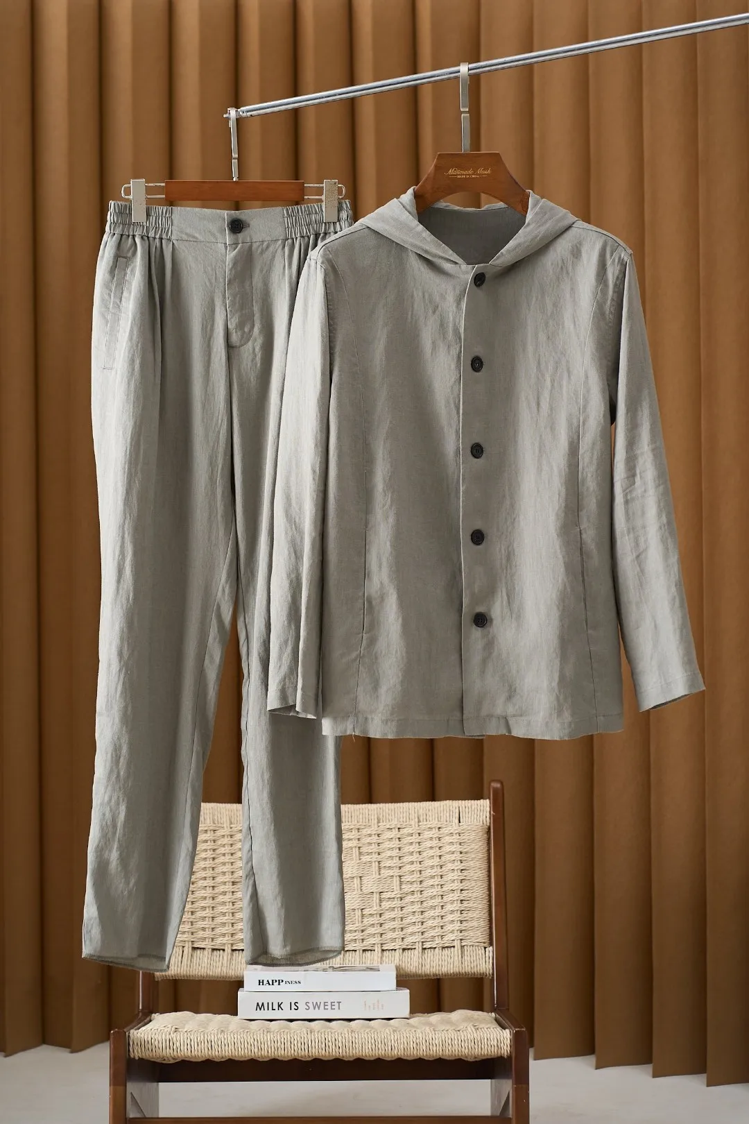 

Italian kiton old money wind early autumn pure linen hooded jacket casual pants set