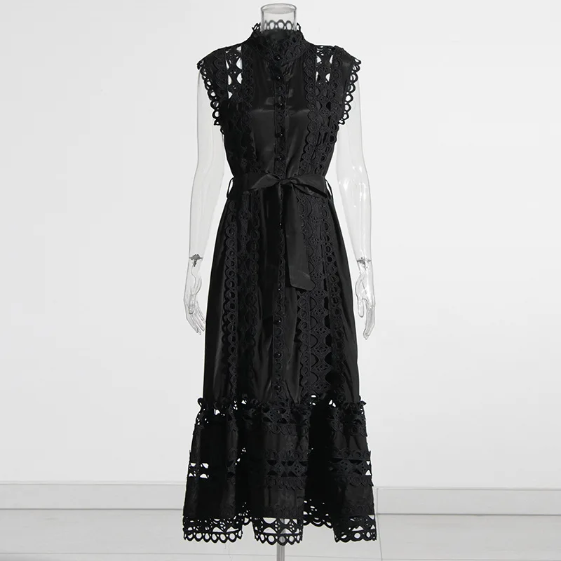 Französisches Vintage-Spitzenkleid 2025, Sommer, Rundhalsausschnitt, ärmellos, aushöhlen, durchsichtig, einfarbig, langes Kleid, Damen, Urlaub, Pendler