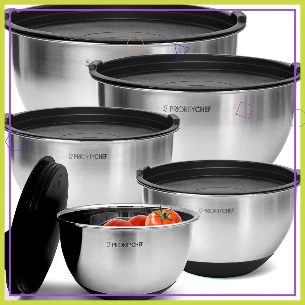 

Набор премиальных мисок для смешивания с герметичными крышками, из толстой нержавеющей стали, с нескользящим основанием, 5 вложенных мисок объемом 1,5-5 кварт, черные