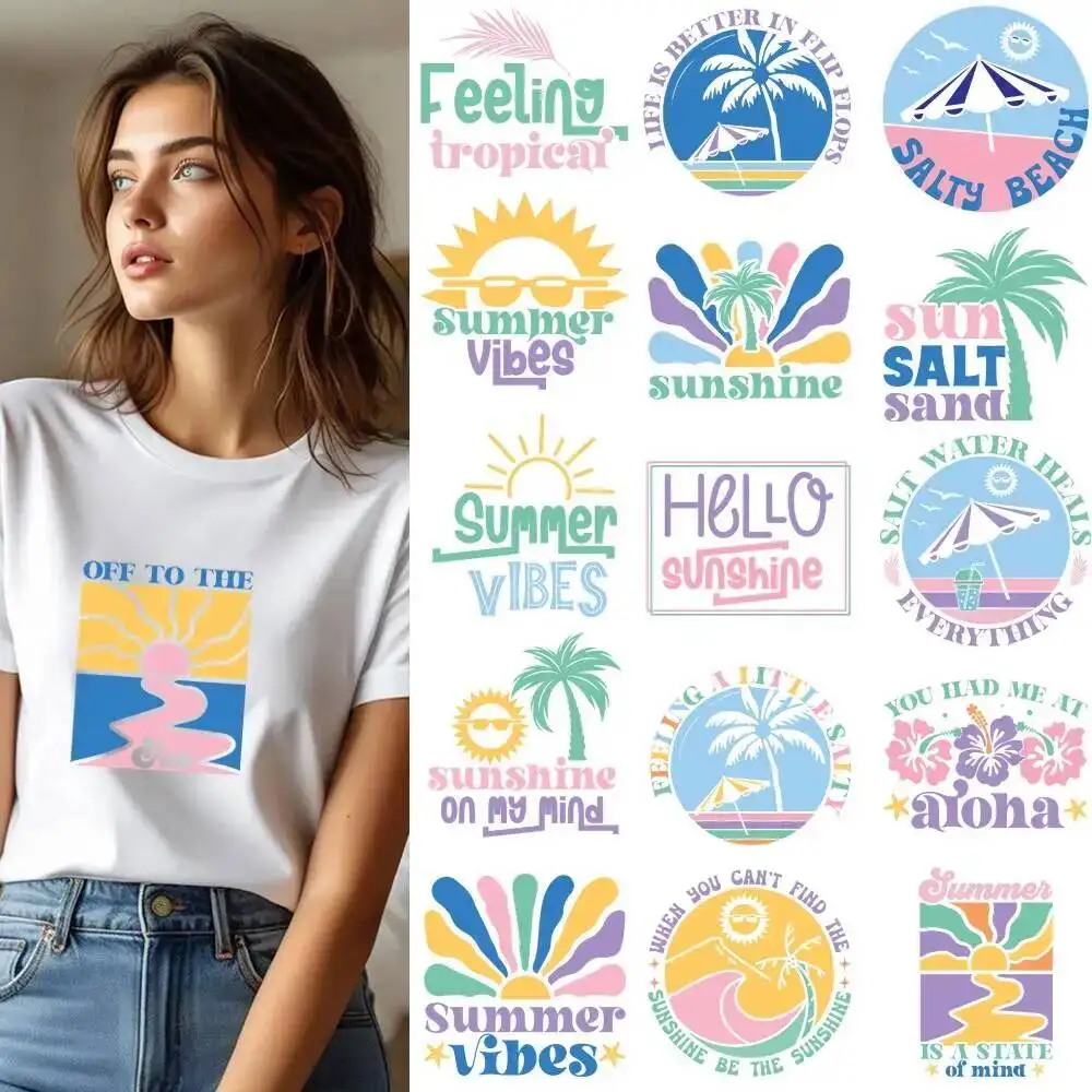 25CM Summer Beach Sunshine Beach Waves Transfer Patches For Clothes Sticker DIY A-Level Washable Shirt Iron-on Thermal Stickers