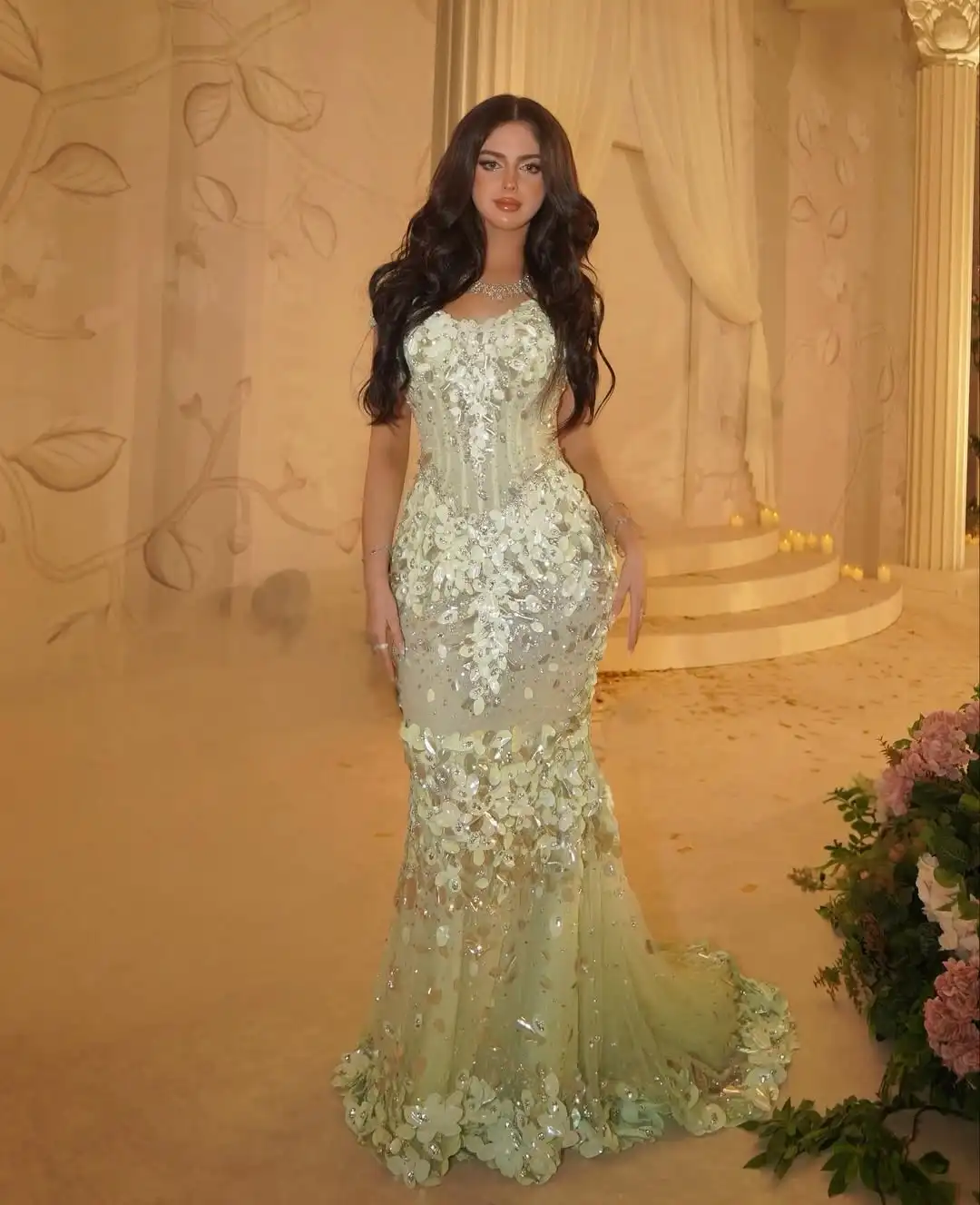 

Customized Mint Green Sequin Mermaid Prom Dress Women Luxury Beaded Evening Gown with Bone Bodice Sweep Train vestidos de fiesta