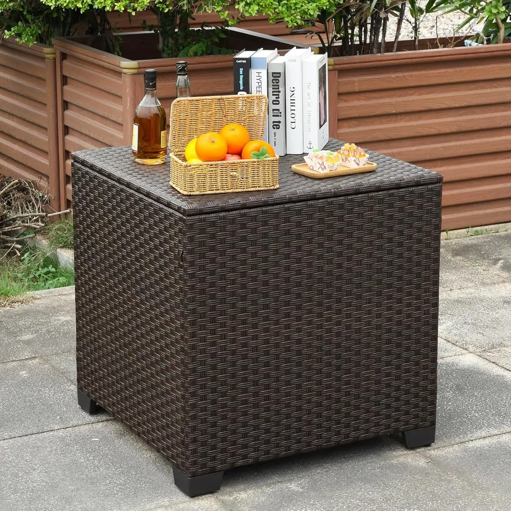 

80 Gallon Wicker Outdoor Storage Box Square Patio Storage Bin with Waterproof Lining Bag Deck Storage Box and Cushion S