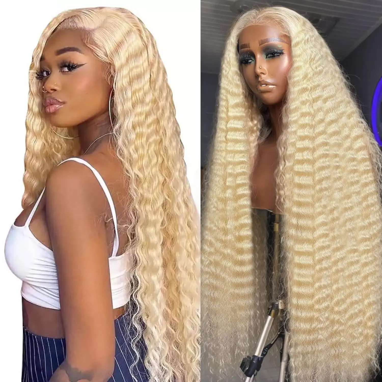 

Deep Wave 613 HD Lace Frontal Wig 13x6 HD Lace Front Wig Human Hair 30 Inch Blonde 613 Colored Curly Wigs Preplucked Glueless