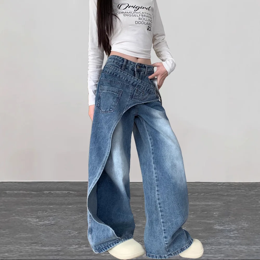 بنطلون جينز نسائي واسع الساق موديل 2026، سروال طويل بخصر عالٍ غير متماثل، جينز ممزق بغسيل بانك للملابس الشبابية