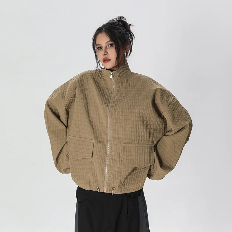 Coat Women Coats Stand Collar Zipper Jackets Y2k Streetwear Work Casual Loose Elegant Splice Jacket 2025 Autumn Winter