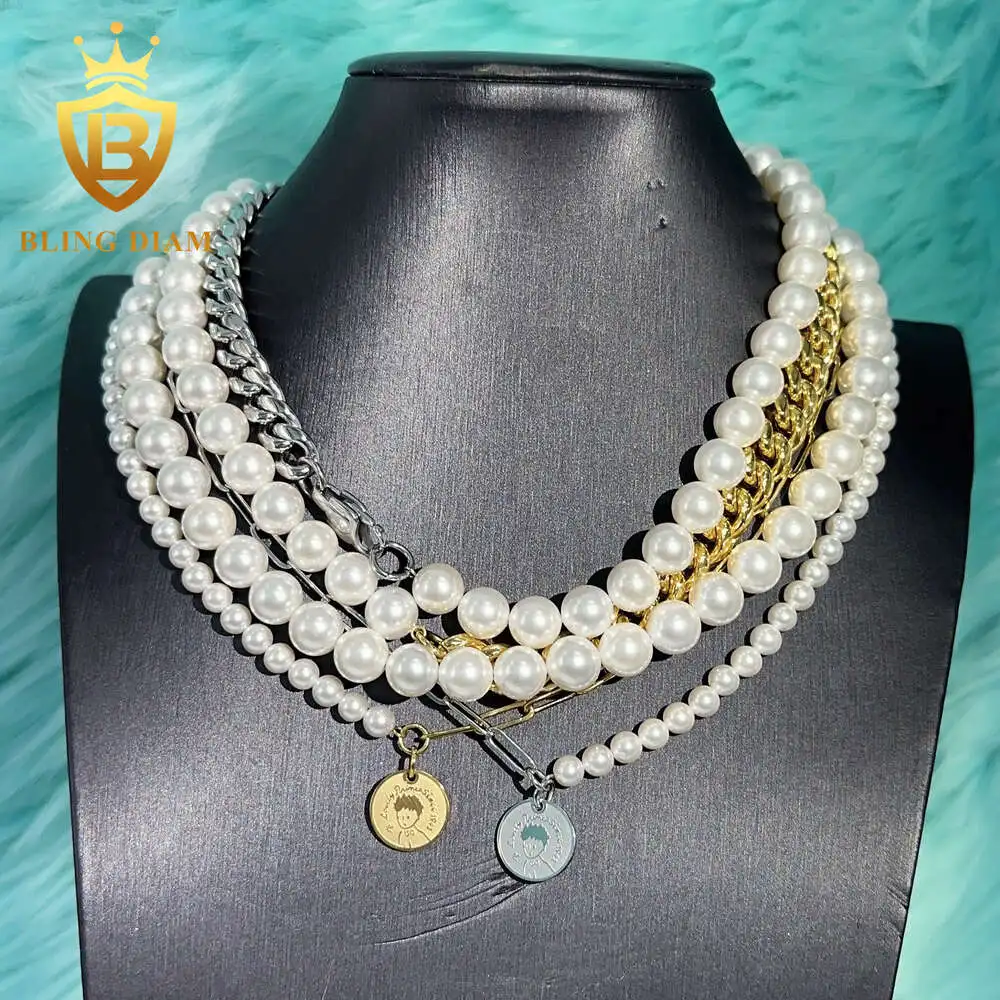 Fashion Women Jewelry 10mm 8mm Mother of Pearl Stainless Steel Cuban Link Chain Freshwater Pearl Chocker Necklace Bracelet