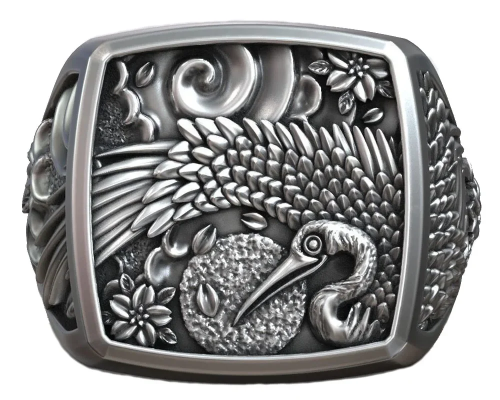 

20g Stork Bird Flower Traditional Japanese Ornament Signet Ring Customized 925 Solid Sterling Silver Ring Many Sizes 7-13