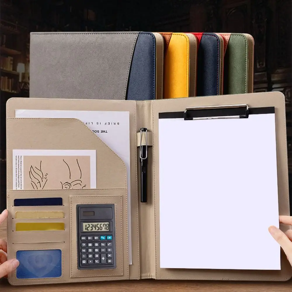 Fashion PU Leather File Folder With Calculator Multifunctional Meeting Writing Pad A4 Document Organizer Padfolio Folder Office