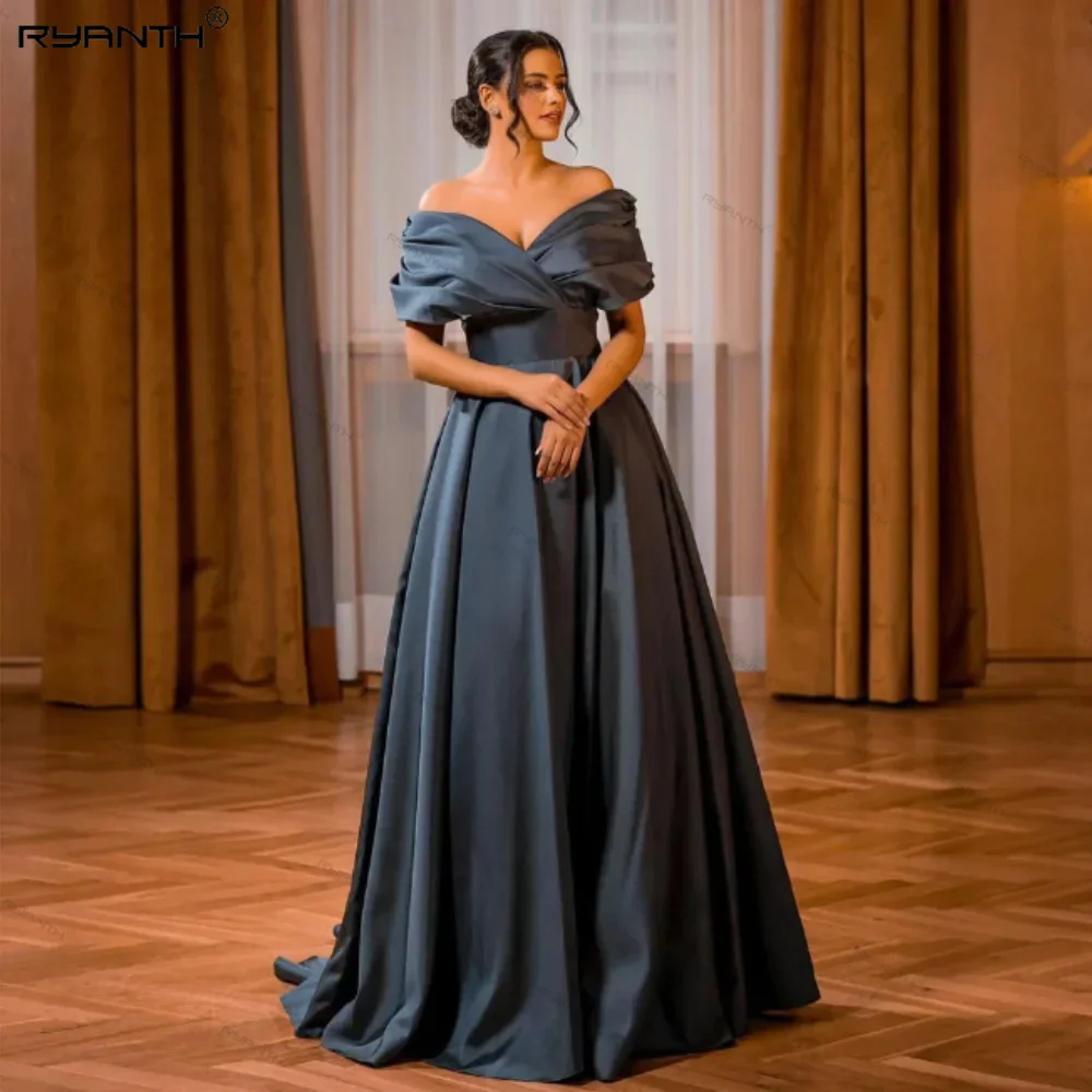 

Ryanth Pleated Prom Dresses Off The Shoulder Neck Empire Waist Evening Gowns A Line Sweep Train Simple Satin Formal Occassion