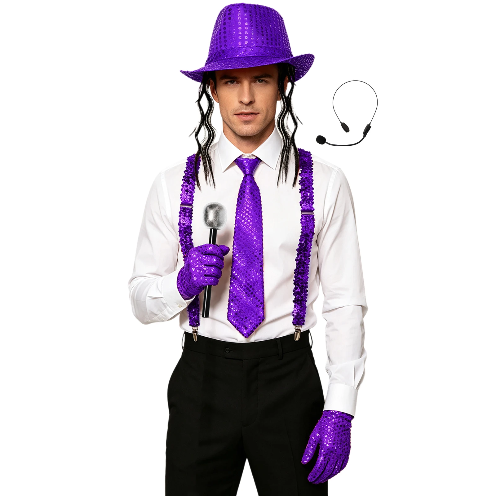 Retro Disco Sequin Wig Hat Cap Y-back Elastic Suspender Necktie Adjustable Bow Tie Gloves with Faux Microphone Headset Set