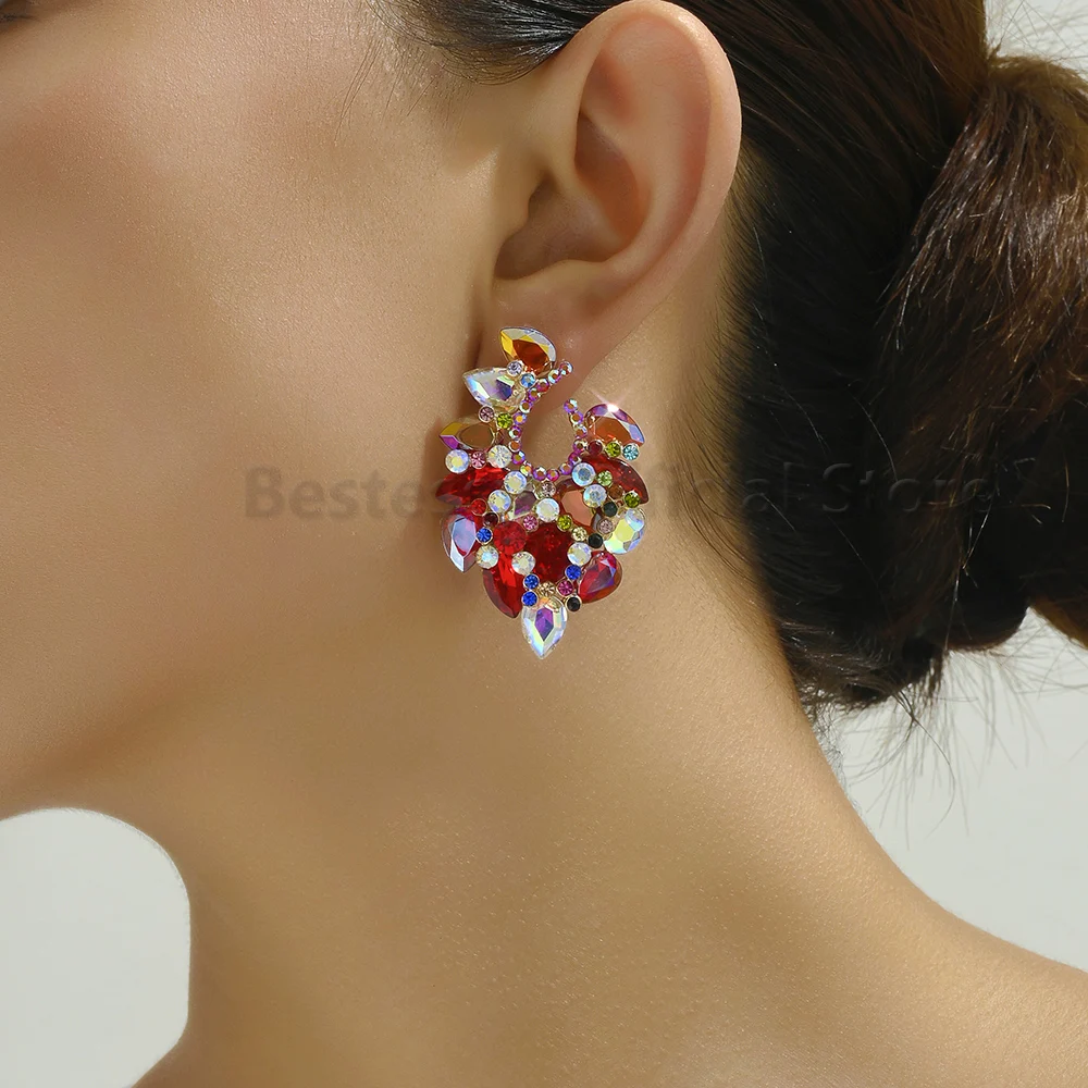 Geometric Multilayer Design Shiny Crystal Exaggerated Stud Earrings For Women Europe America Luxury Elegant Charm Jewelry Gifts