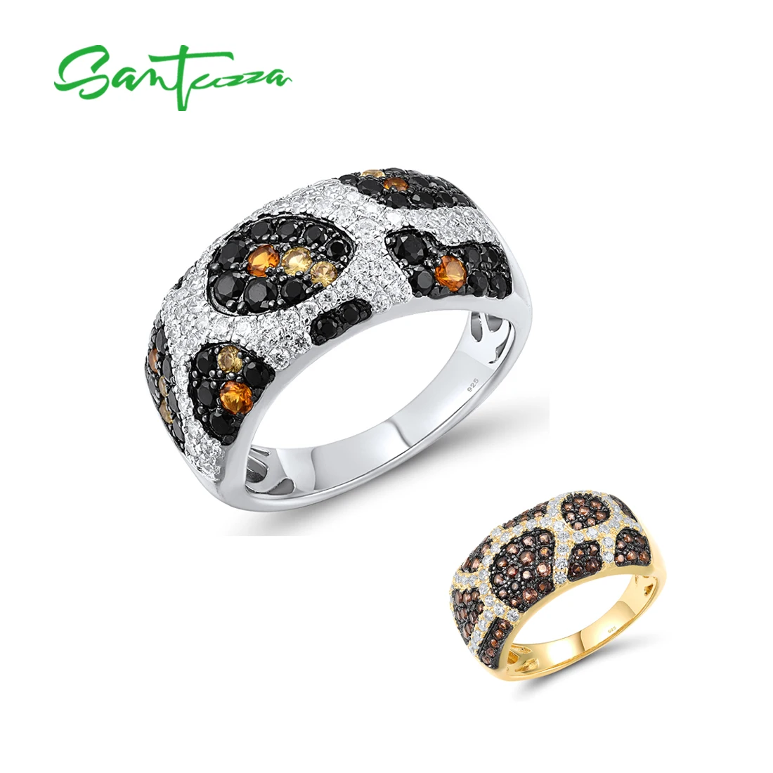SANTUZZA Genuine 925 Sterling Silver Rings For Women Sparkling Brown Spinel White CZ Leopard Print Elegant Gift Fine Jewelry
