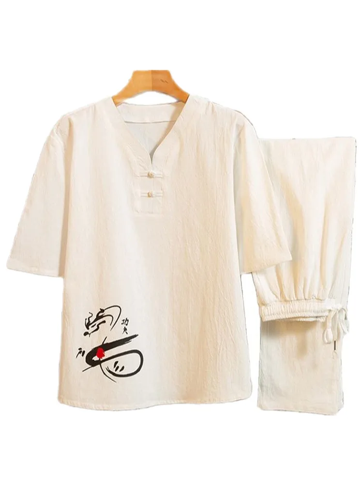 

Men's Clothing Fashion Tracksuit Husband Summer Suit New Chinese Style Cotton Linen t-shirt Pant Male Set Size M-4XL