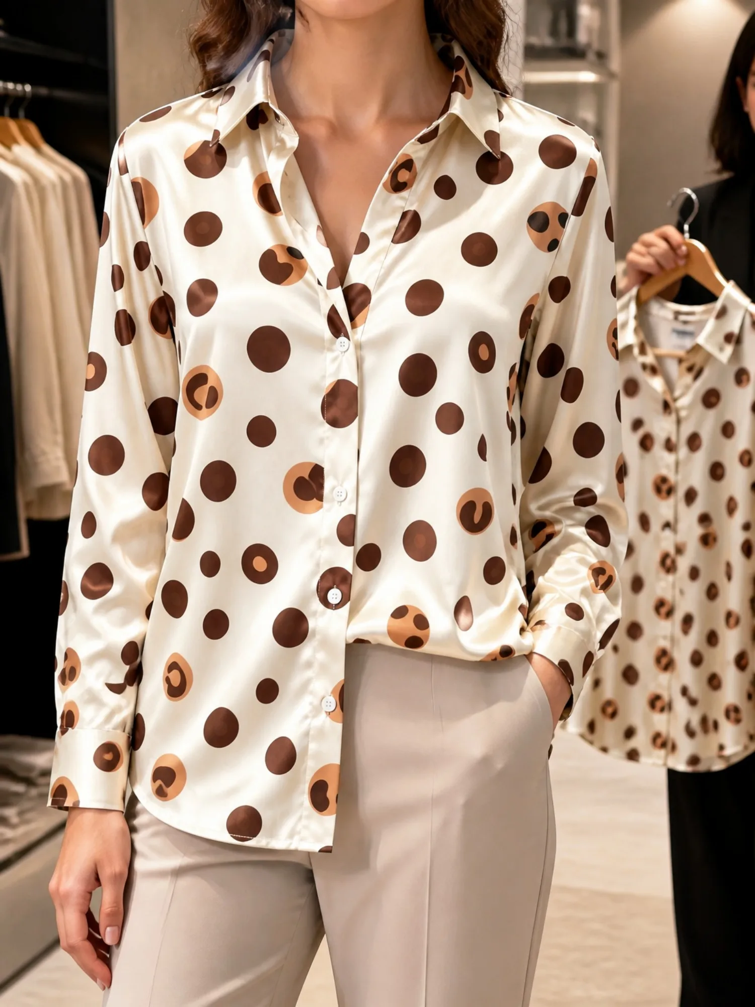 Cream Brown Dot Satin Blouse for Women Long Sleeve Button Down Shirt Boutique Shopping Office Cafe Casual Silky Elegant Top Look
