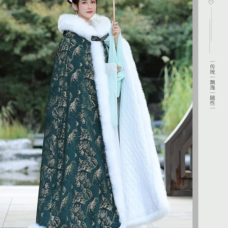 ملابس خارجية عصرية ومريحة للبالغين للخروج، نمط شتوي جديد من رأس هانفو مع شال بياقة من الفرو ومعطف دافئ من القطن