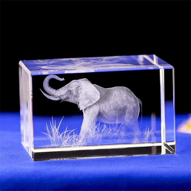 

Crystal Cuboid Ornaments 3D Carving Elephant Model Children's Gift Fengshui Crafts Home Decoration Accessories Christmas Gifts