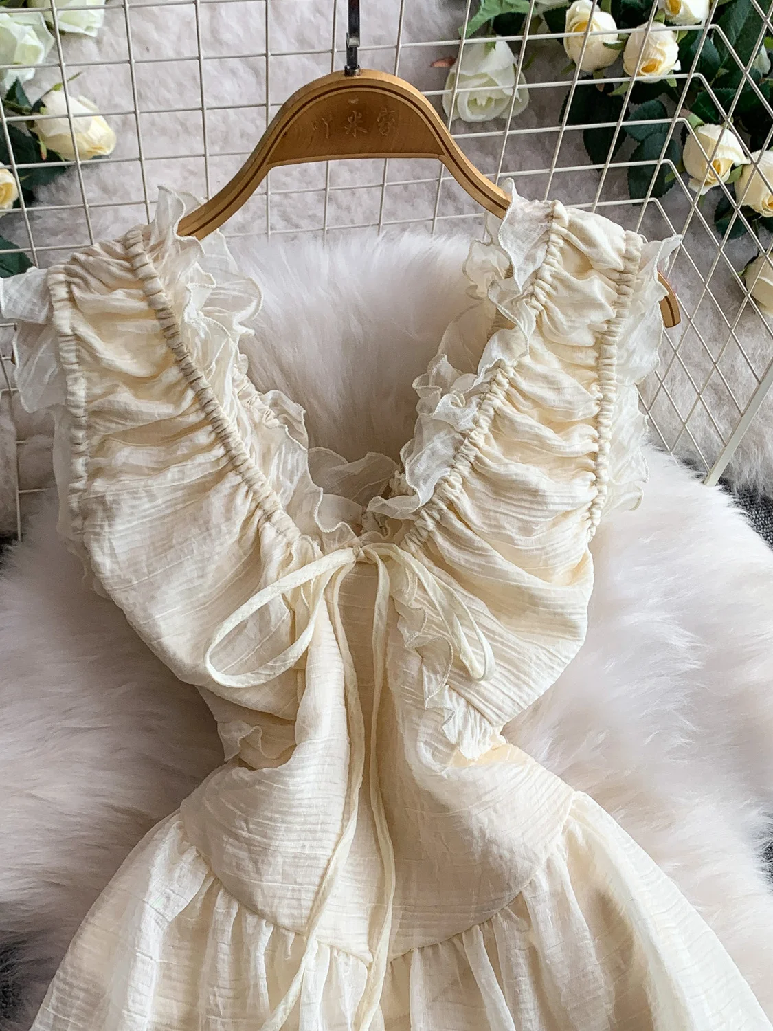 Vestido F Sem Mangas com Decote em V e Cordão, Saia em Camadas de Renda de Cintura Alta, Vestido de Verão A-line para ...