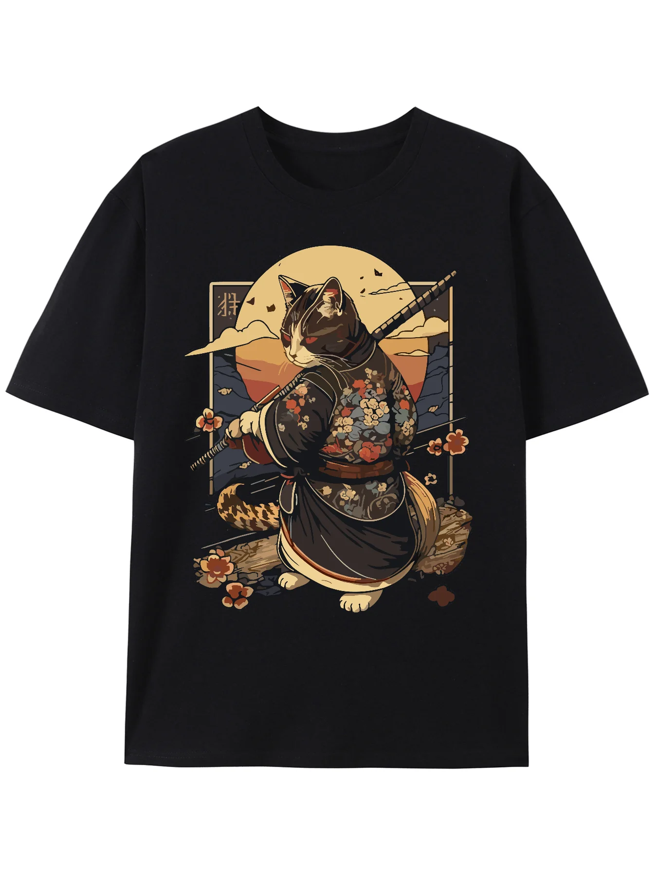 تي شيرت رجالي مطبوع عليه رسومات Cat Warrior Samurai - تي شيرت قطني بأكمام قصيرة 180gsm مناسب بشكل منتظم ملابس غير رسمية لجميع المواسم #1