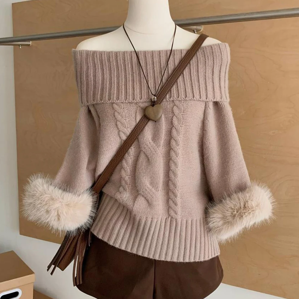 

Fox fur turtleneck sweater women's loose Internet celebrity knitted sweater one word shoulder sweater mujer