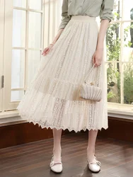 I BELIEVE YOU French Women's Skirts 2024 Autumn New High Waist Embroidery Lace Mesh A-line Basics Midi Skirt Female 2243025790