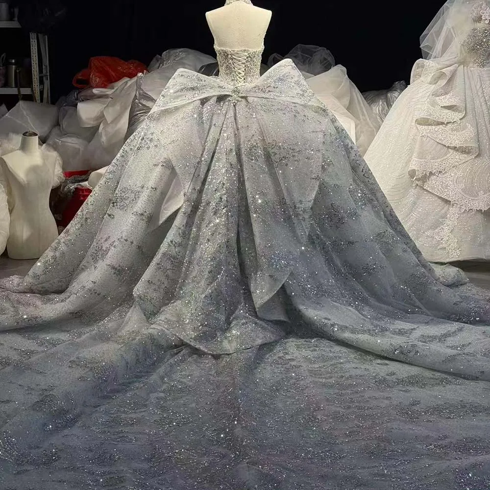 Gleaming Wedding Dress With Bow Silver Glitter Tulle Ball Gown Customized Strapless Sequins Beading Lace Up Back robe de mariée