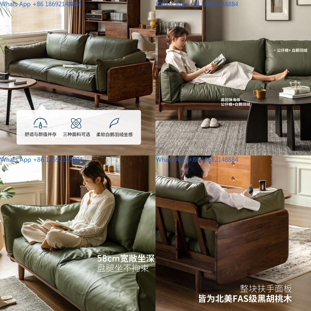 

Solid Walnut Wood Sofa for Small Living Room Modern Chinese Style Genuine Leather Two Seater Couch