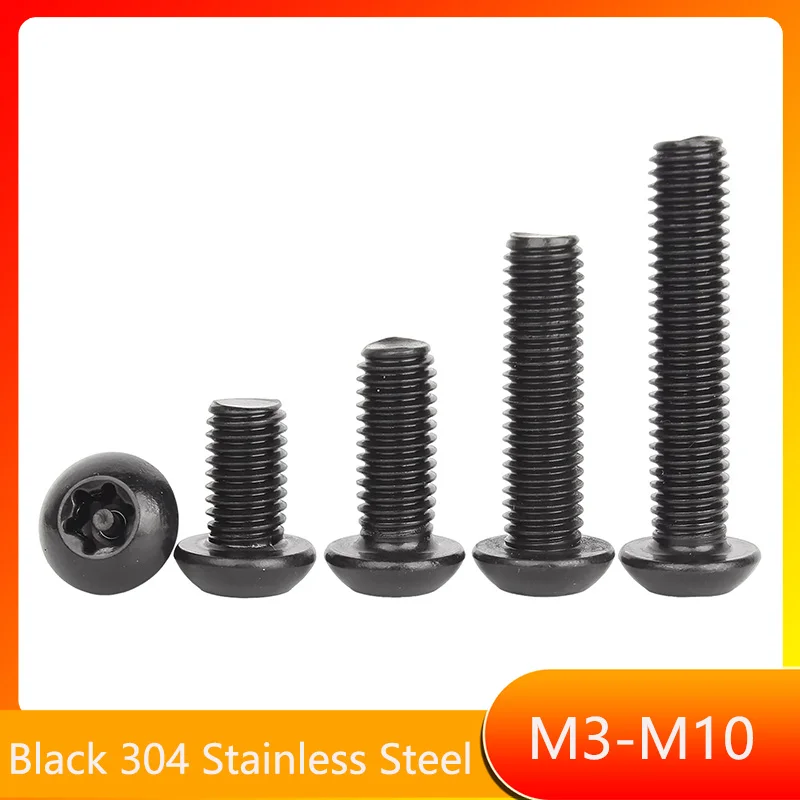 Black Security Pin Screw M3 M4 M5 M6 M8 M10 A2 Stainless Steel Torx Button Head Tamper Proof Security Screw Length:4-50mm