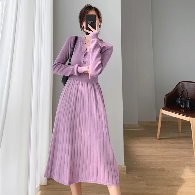 

Knitted dress 2024 fall and winter commuter casual waisted inside out mid-length purple sweater dress knee-length skirt