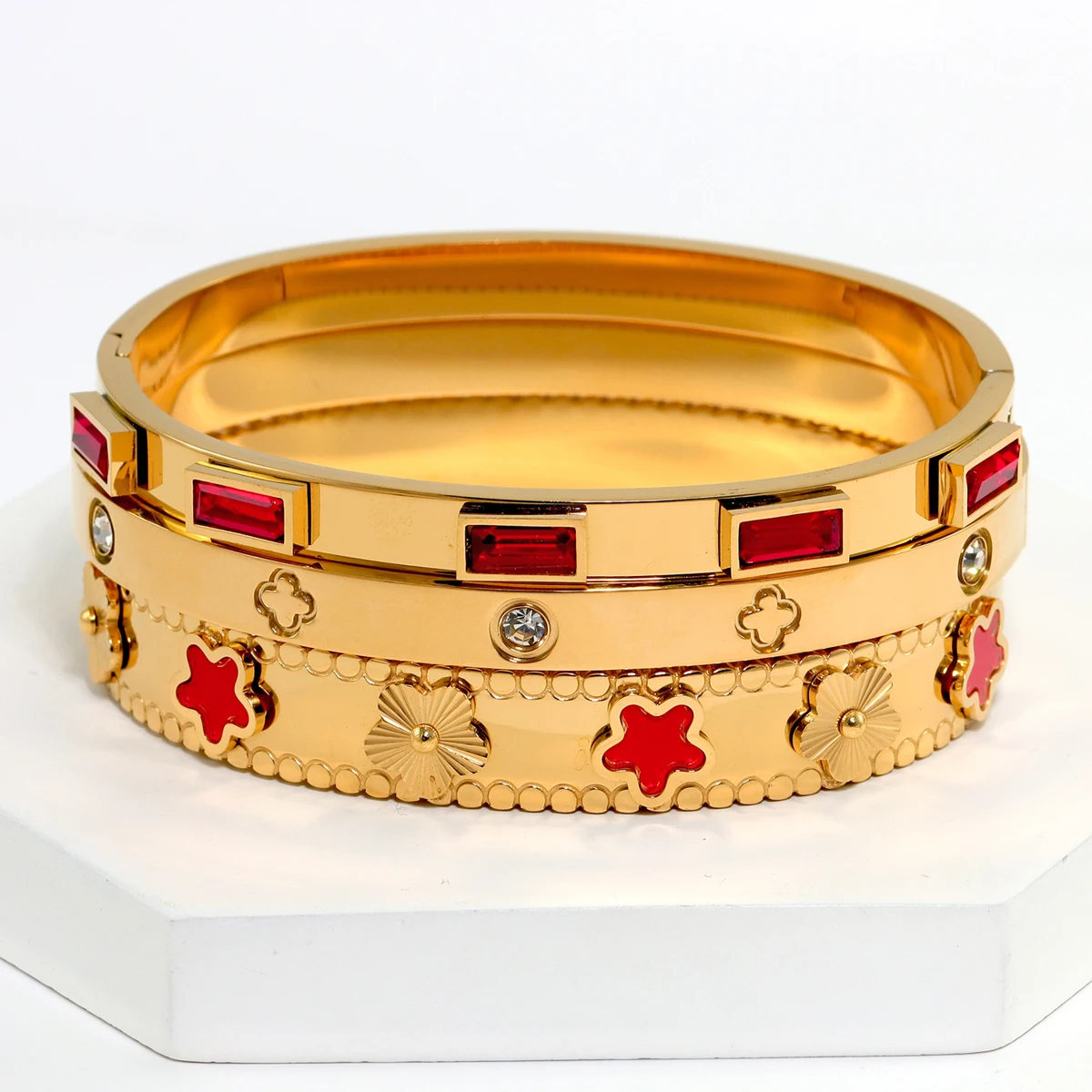 3 قطعة/المجموعة الأوروبية والأمريكية الأزياء الفولاذ المقاوم للصدأ سوار للنساء مع زهرة تصميم مجموعات الإسورة والمجوهرات #3