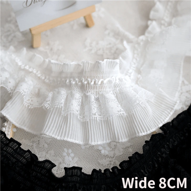 8CM Wide White Black Chiffon Stretch Lace Needlework Elastic Ruffle Trim Ribbon Frills Collar Fringe For Sewing Apparel Fabric