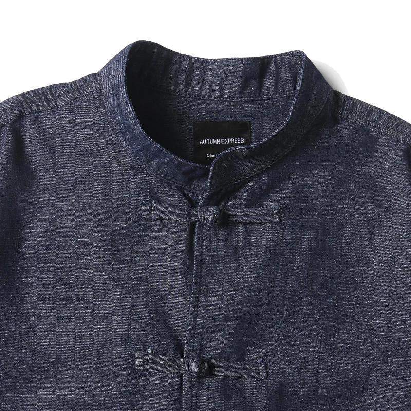 Men Summer Chinese Style Buttons Stand Collar Streetwear Vintage Loose Casual Short Sleeve Denim Shirts Cityboy Blouses Man
