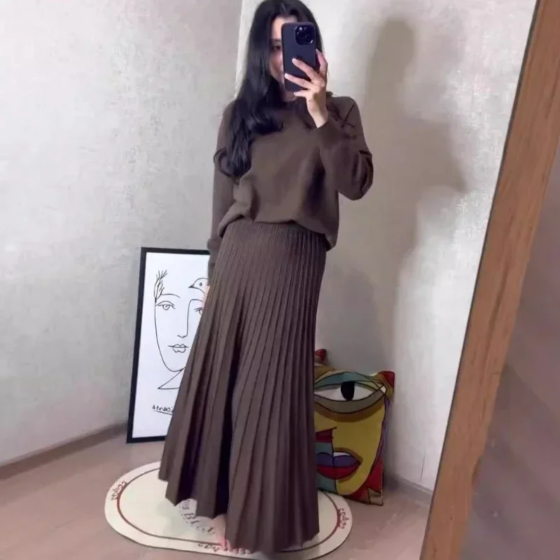 Women\'s Sweater Set Solid Color Temperament Commuter O-neck Long Sleeves Pleated Skirt Offie Ladies Elegant Knited Suit Skirts