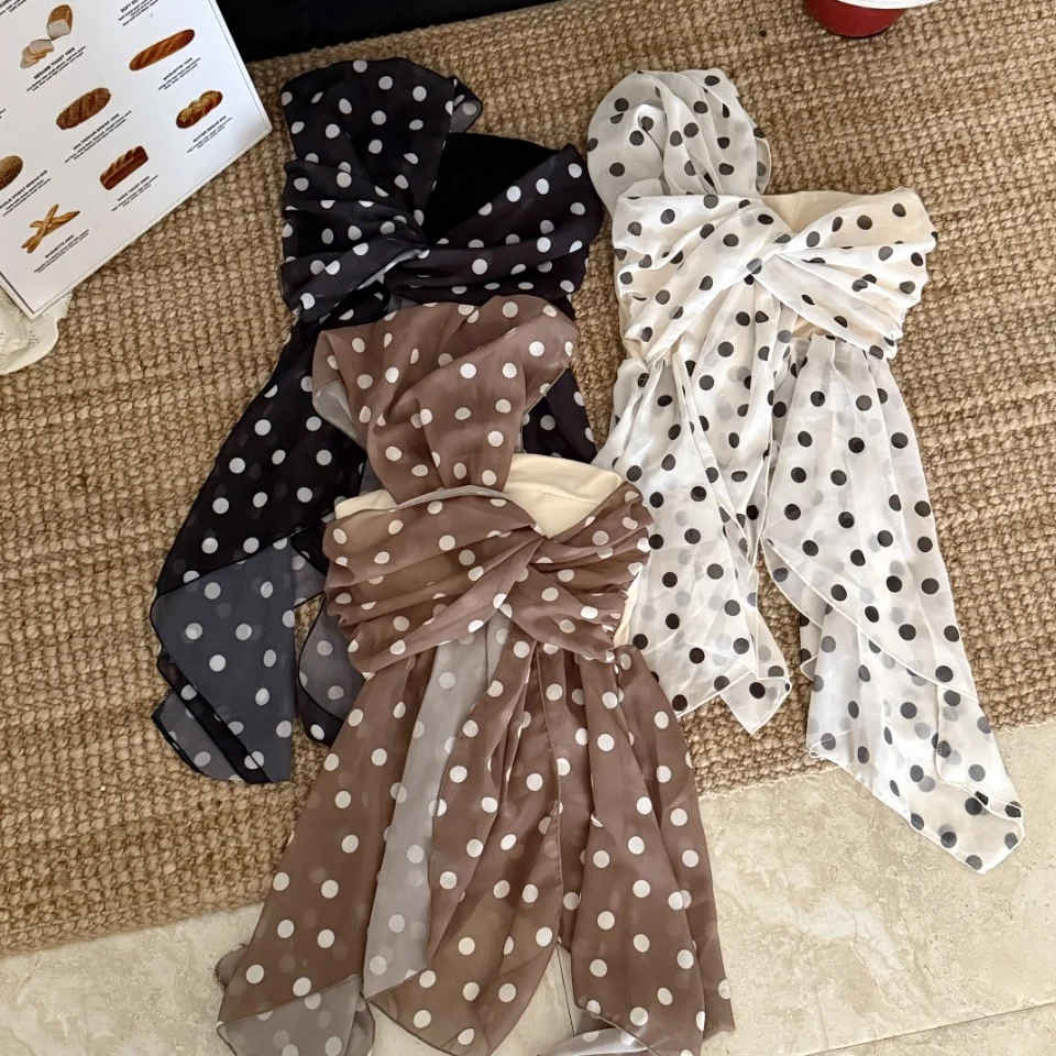 Summer New Pure Desire Mesh Polka Dot Print Splice Hanging Neck Vest Women Slim Fixed Band Chest Pad Versatile Short Style