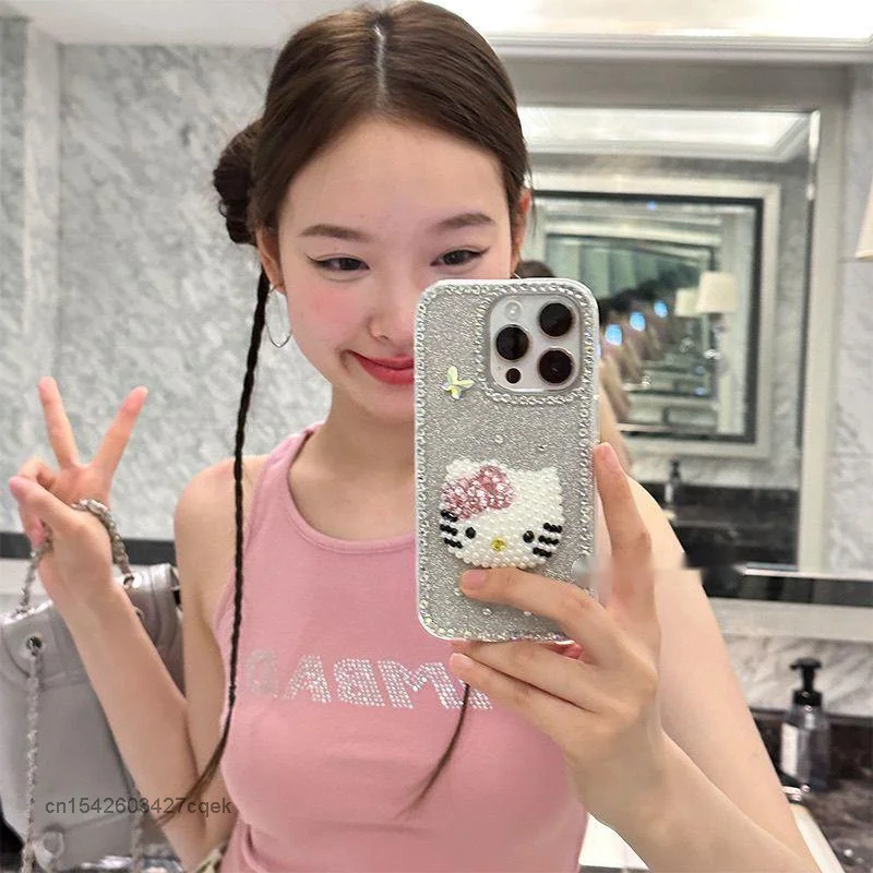 

Sanrio 3D Hello Kitty Glitter Full Diamond Trend Luxury Phone Case For Iphone 16 15 14 13 12 Promax All Inclusive Phone Cover