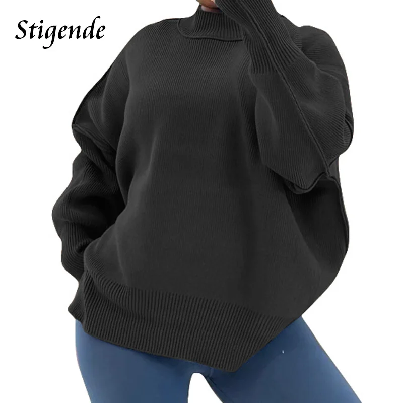

Stigende Women Turtleneck Knitted Pullover Solid Color Ribbed Loose Jumper