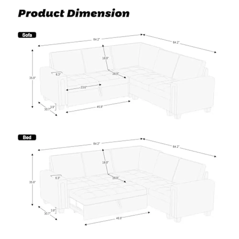 Sectional Sleeper Sofa Pull Out Bed Convertible L Shaped Modular Living Room Storage Beige Velvet Pet-Friendly Easy Assembly