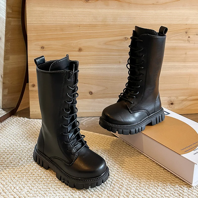 الأطفال الأحذية الجلدية 2025 الخريف الشتاء الفتيات أحذية طويلة سميكة القاع الكلاسيكية الأسود البيج السببية الاطفال موضة منتصف العجل الأحذية