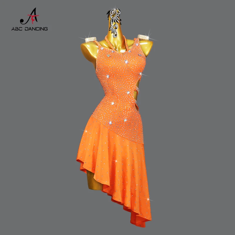 

Orange Latin Dance Competition Costume Sexy Adult Women's Senior Line Short Skirt Ballroom Dress Wear Girl Party Female Clothes