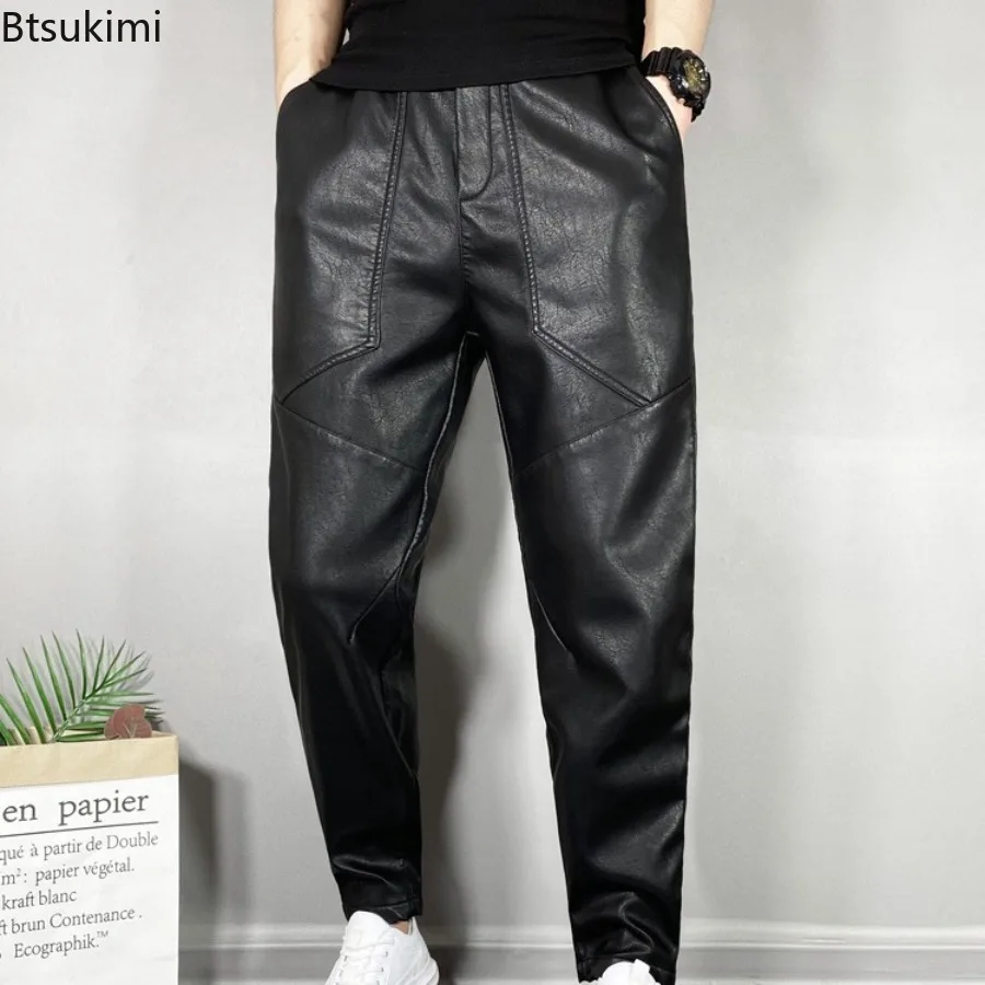 

Новые мужские кожаные брюки в стиле Харадзюку, повседневные брюки в стиле ретро, осень-зима, ветрозащитные теплые брюки, уличная одежда в стиле хип-хоп, мужские мотоциклетные брюки