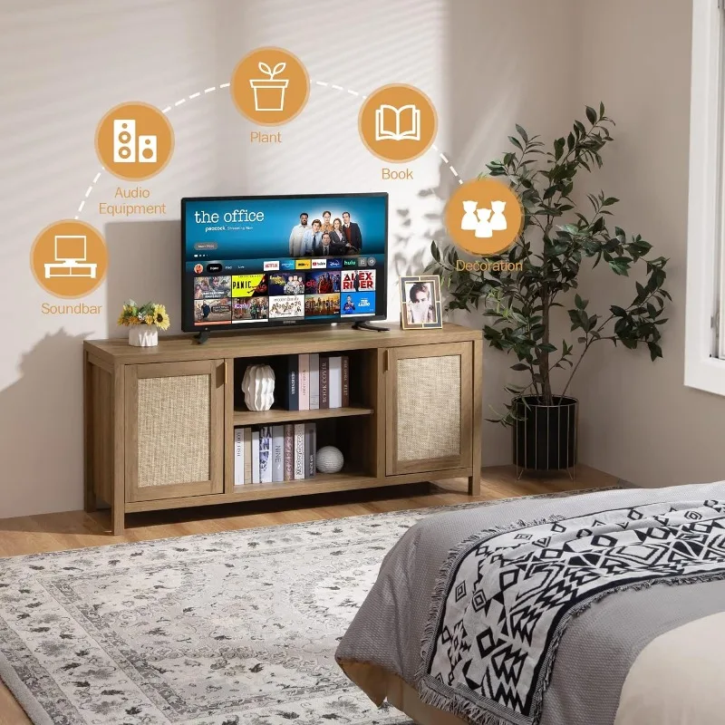 Supporto TV SICOTAS per soggiorno: mobile Console TV in Rattan con contenitore e ripiano, centro di intrattenimento Boho, Console multimediale da 59"