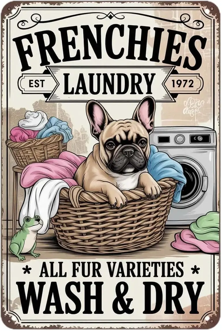 French Bulldog Laundry Room Tin Sign Funny Dog Decor Vintage Metal Signs Wall Decor for Kitchen Bar Cafe Bedroom Home Patio Outd