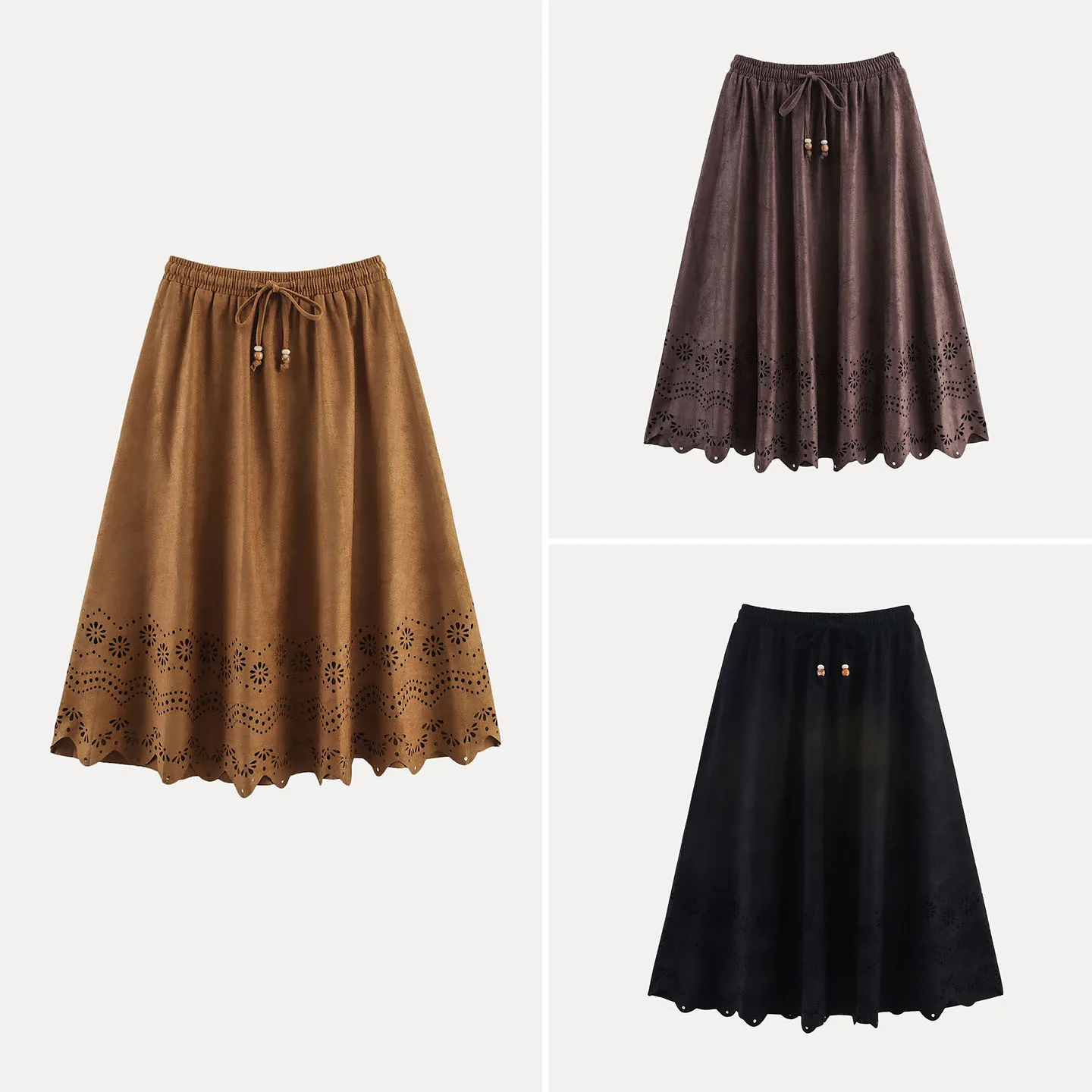 Retro Suede Laser Carved Floral Vaion Midi Skirt Women's Casual Sle mid Waist A-Line Stand Fit Autumn 2025 New Arrival